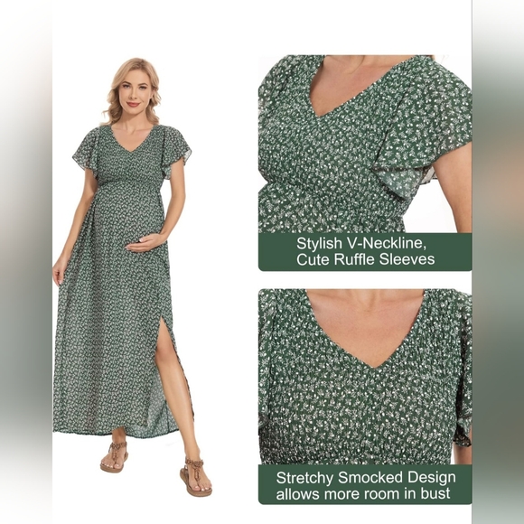 NWT Amazon Women's Long Maxi Maternity Dress Green Floral Baby Shower Size Small - Picture 2 of 12